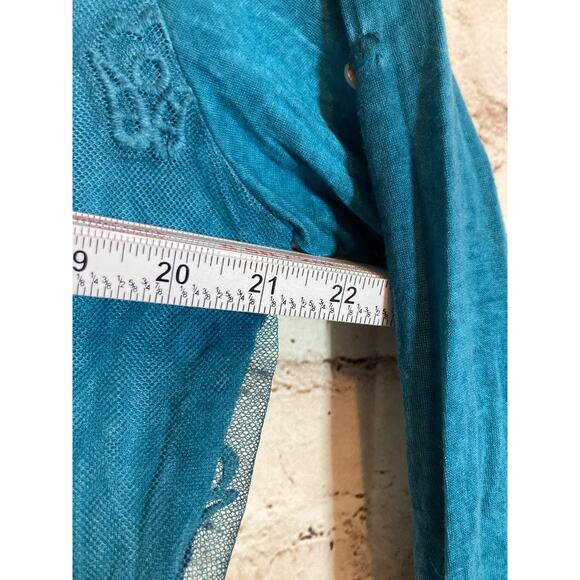 Fantazia Tunic Top Womens XL Teal Blue Distress Wash Embroidered Linen Blend - Picture 7 of 12